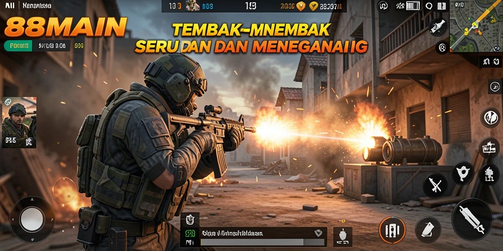 Screenshot utama 88MAIN menampilkan aksi tembak-menembak yang intens.