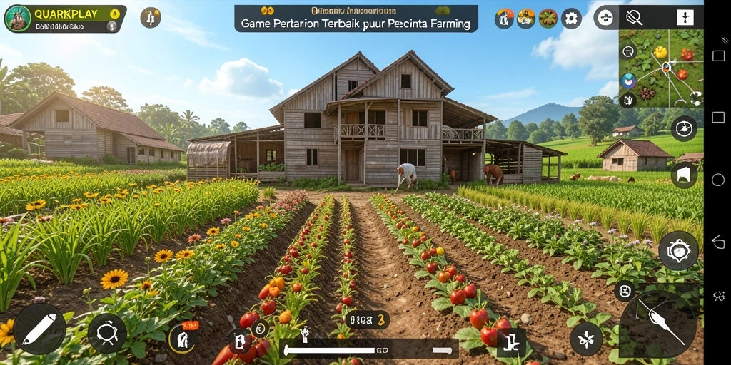 Screenshot gameplay QUARKPLAY menampilkan pertanian dengan grafis yang menawan.